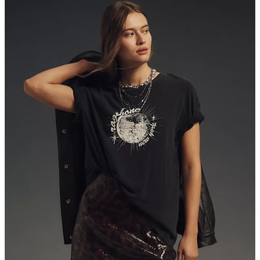 Rag & Bone New York Black Disco Ball Graphic T-Shirt Small Cotton Tee